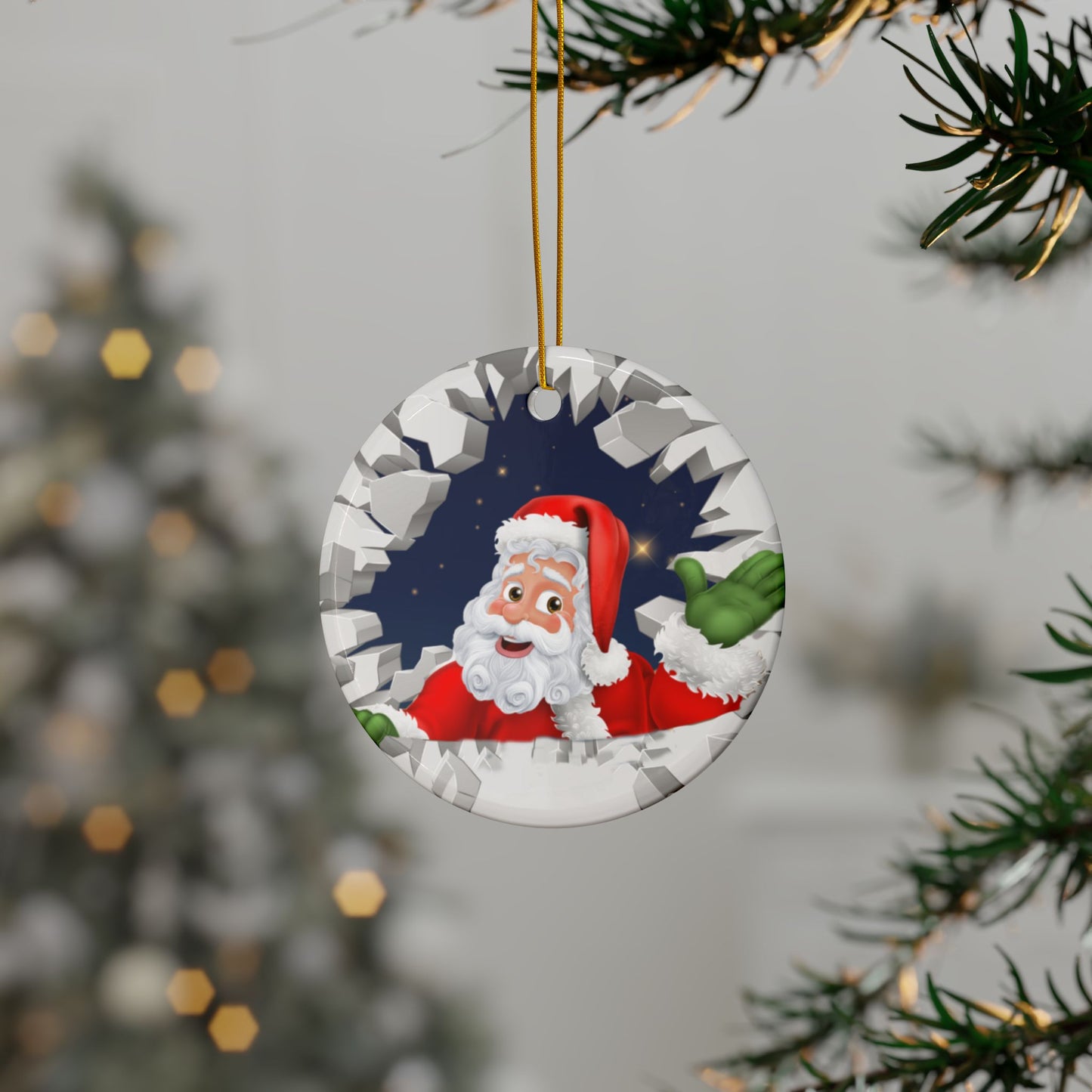 Cute Cartoon Santa Breaking Through Ice Ceramic Ornament, Ceramic Ornaments, 2-Side Print, (1pc, 3pcs, 5pcs, 10pcs)