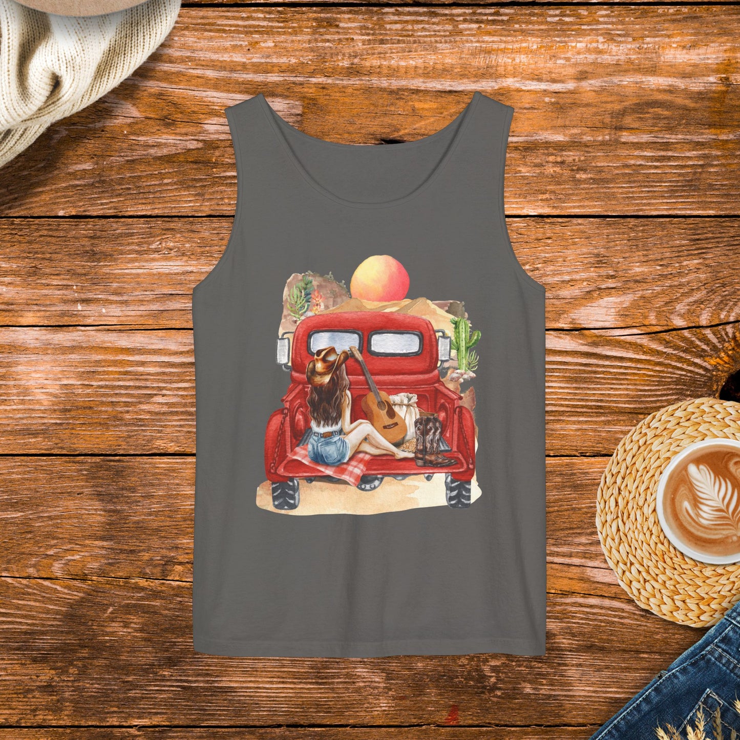 Desert Sunset Truck Girl Tank Top, Country girl, watercolor country, old school country.