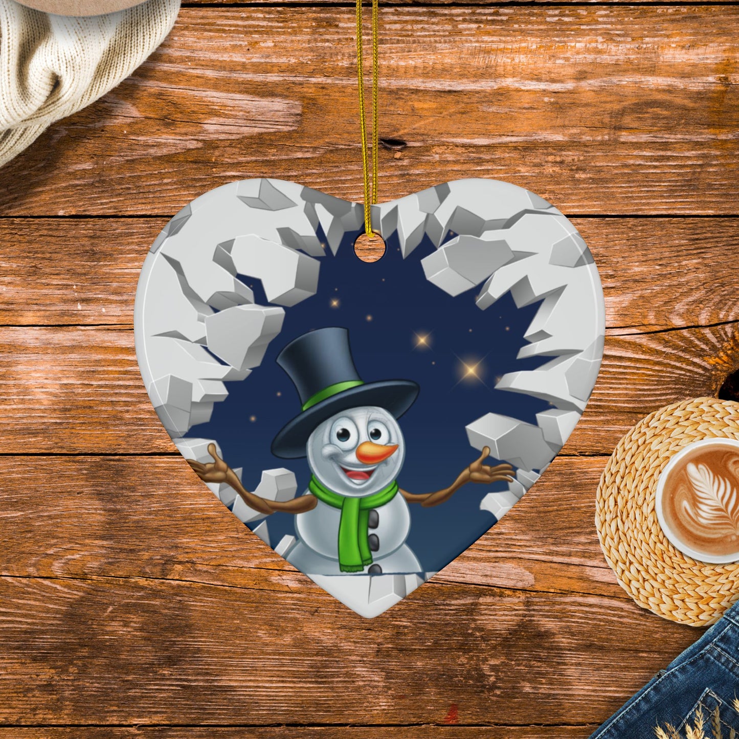 Cute Cartoon Snowman Breaking Through Ice Ceramic Ornament, Ceramic Ornaments, 2-Side Print, (1pc, 3pcs, 5pcs, 10pcs)