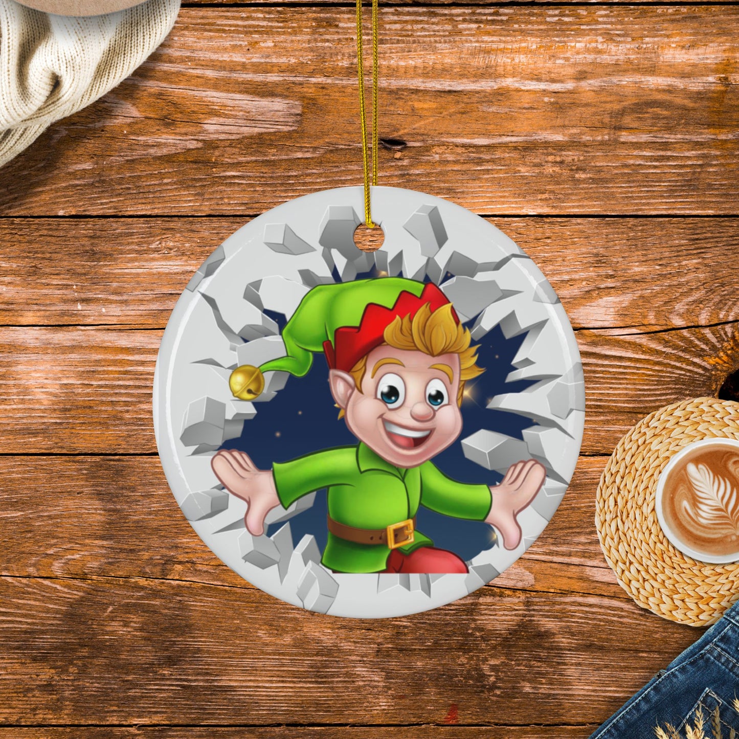 Cute Cartoon Elf Breaking Through Ice Ceramic Ornament, Ceramic Ornaments, 2-Side Print, (1pc, 3pcs, 5pcs, 10pcs)