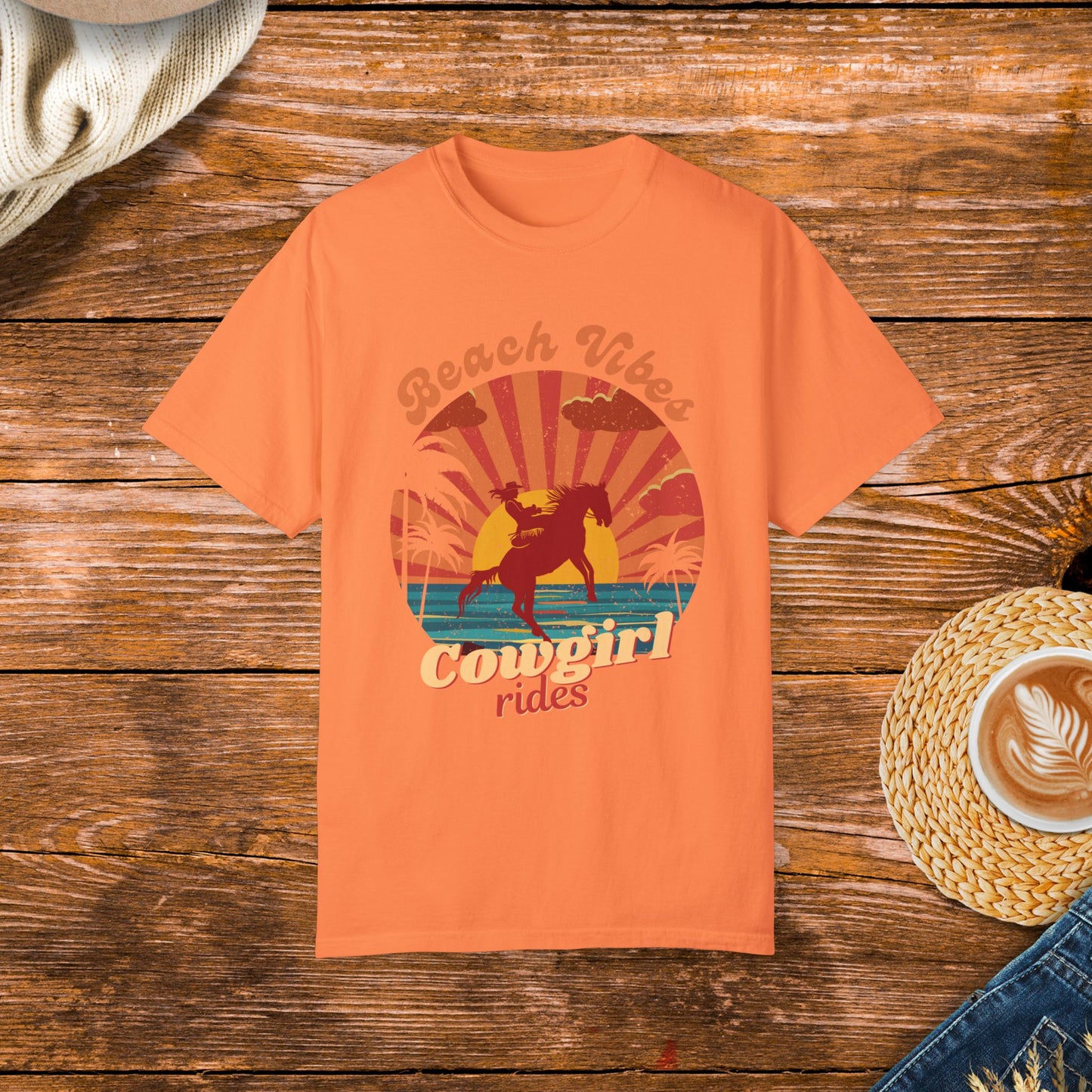 Vintage style beach and country life design. Retro sunset with cowgirl riding horse, beach vibes and cowgirl rides.