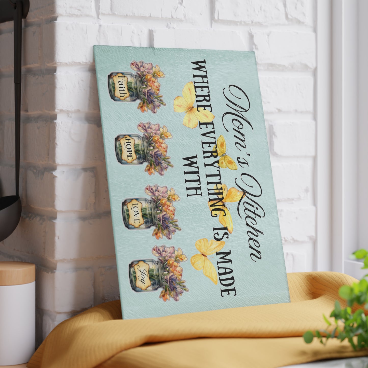 Mom’s Kitchen – Made with Faith, Hope, Love & Joy | 8x11 Glass Cutting Board with Flowers & Butterflies | Mother’s Day Gift