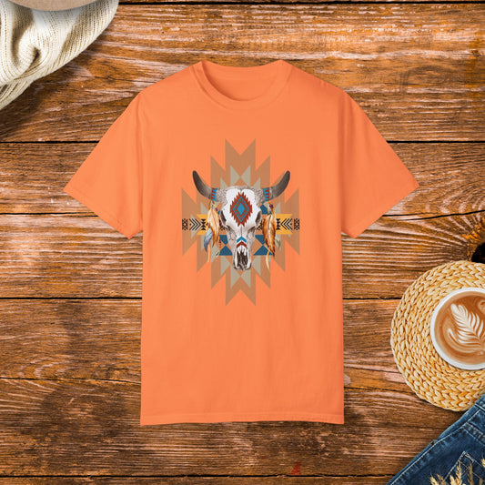 Native American style shirt, cow skull design, native patterns, rustic fashion, cultural apparel