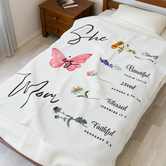 Inspirational Mom Velveteen Plush Blanket - Strength, Beauty, Love, Blessings & Faith