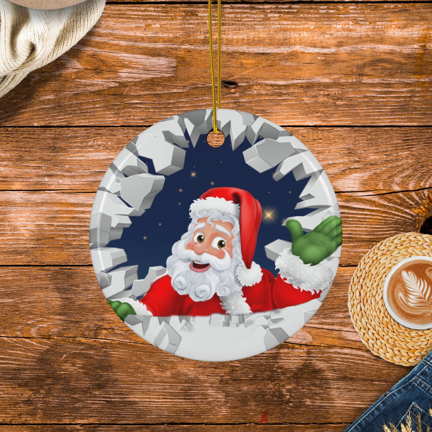 Cute Cartoon Santa Breaking Through Ice Ceramic Ornament, Ceramic Ornaments, 2-Side Print, (1pc, 3pcs, 5pcs, 10pcs)