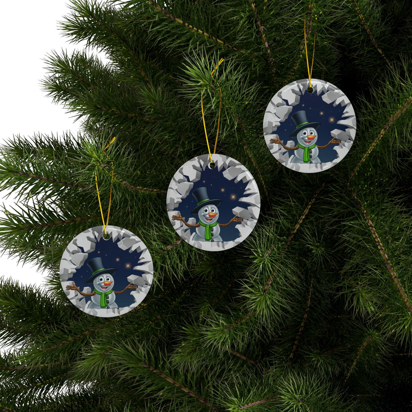 Cute Cartoon Snowman Breaking Through Ice Ceramic Ornament, Ceramic Ornaments, 2-Side Print, (1pc, 3pcs, 5pcs, 10pcs)