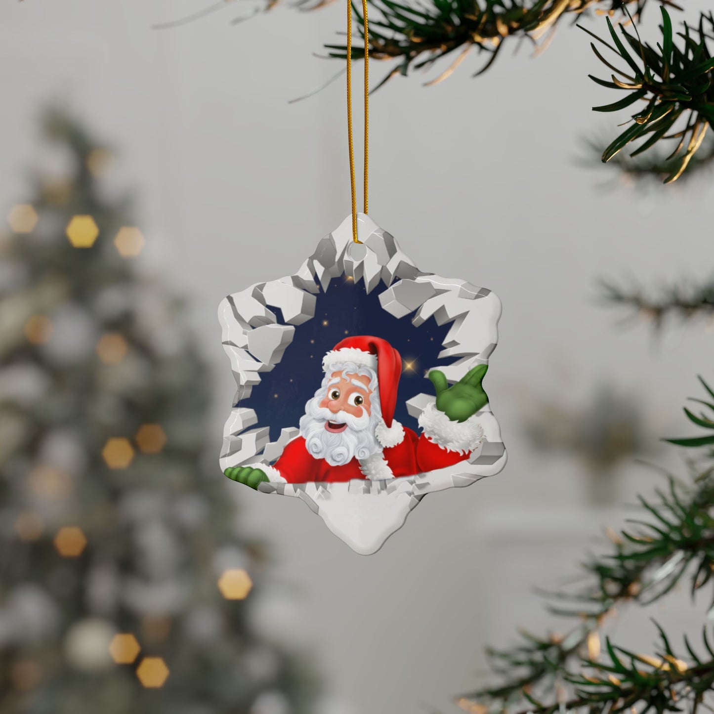 Cute Cartoon Santa Breaking Through Ice Ceramic Ornament, Ceramic Ornaments, 2-Side Print, (1pc, 3pcs, 5pcs, 10pcs)