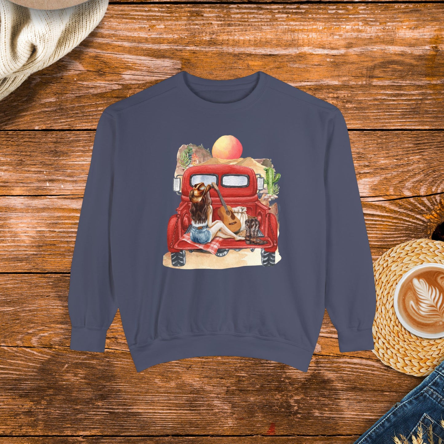 Desert Sunset Truck Girl Sweatshirt, watercolor design, country girl, old school country.