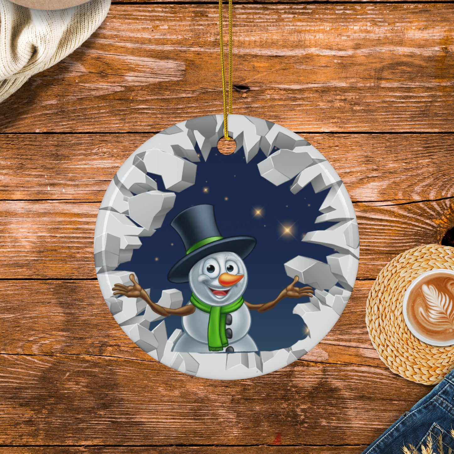 Cute Cartoon Snowman Breaking Through Ice Ceramic Ornament, Ceramic Ornaments, 2-Side Print, (1pc, 3pcs, 5pcs, 10pcs)