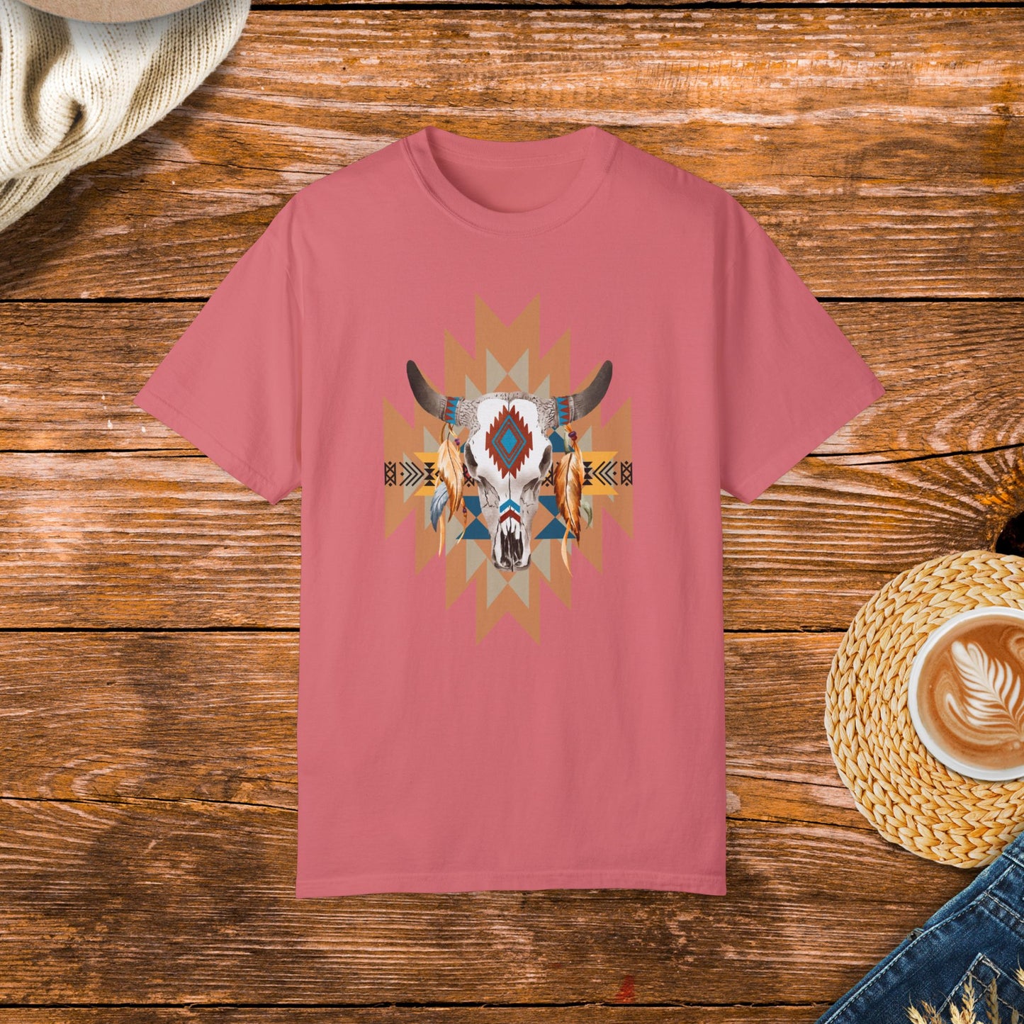 Native American style shirt, cow skull design, native patterns, rustic fashion, cultural apparel