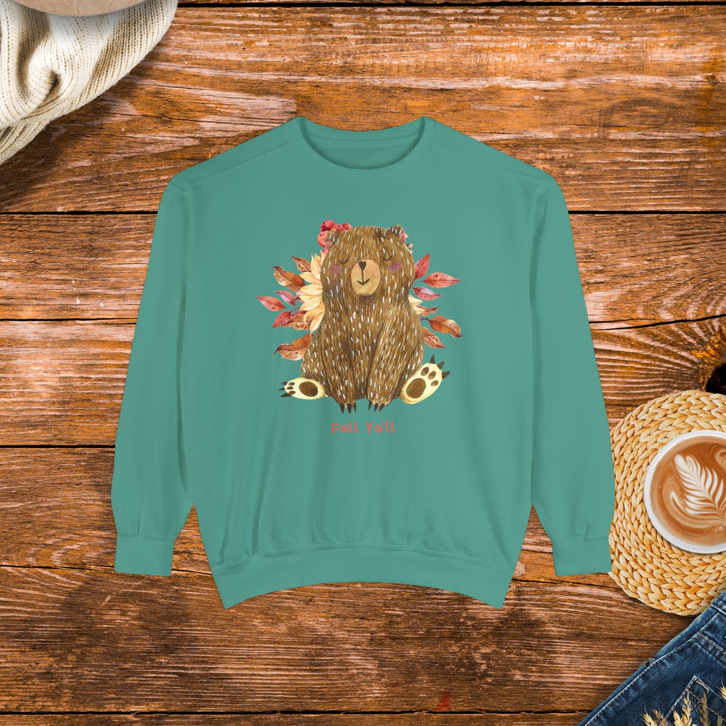 Cozy vibes with this cute bear and fall ya'll, Unisex Garment-Dyed Sweatshirt