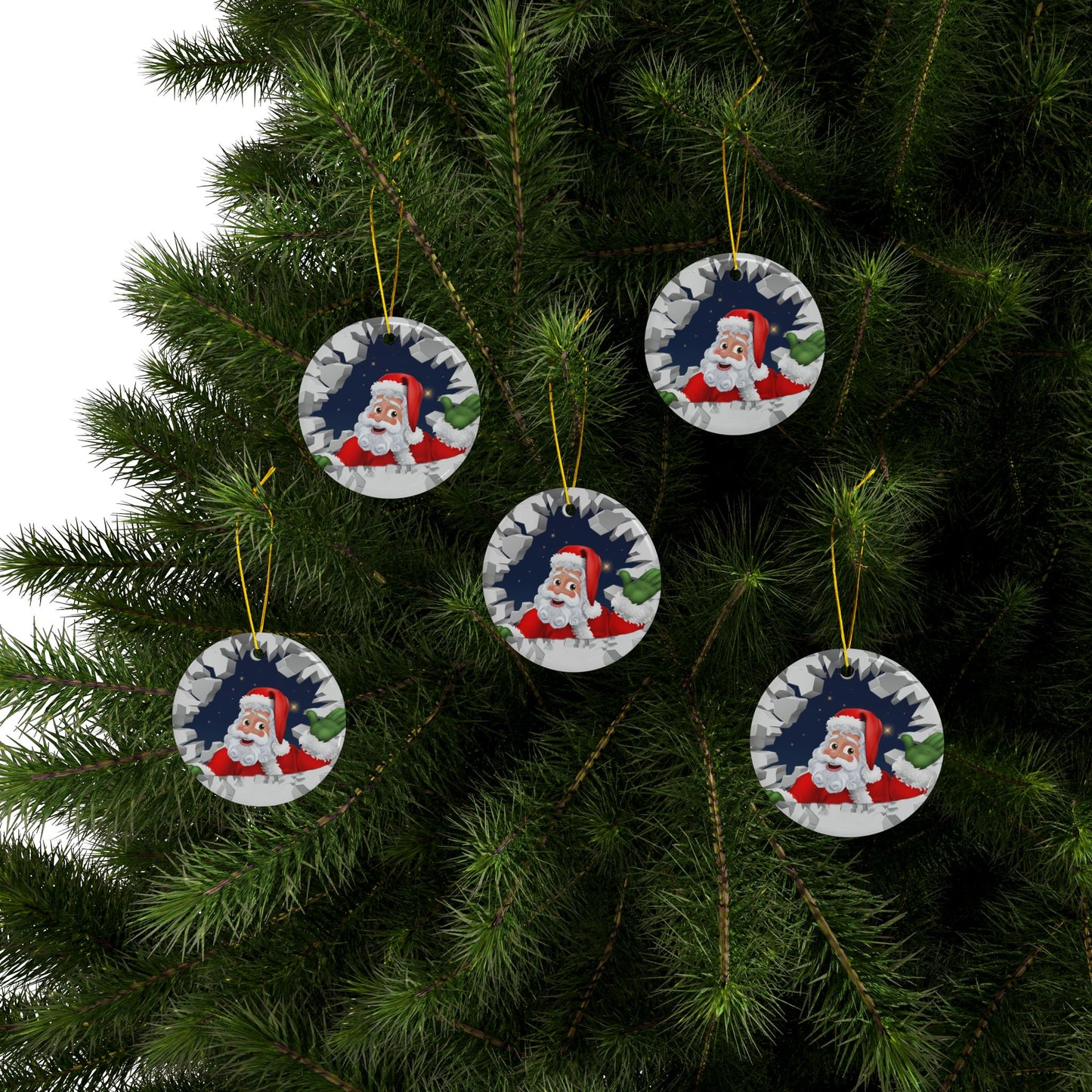 Cute Cartoon Santa Breaking Through Ice Ceramic Ornament, Ceramic Ornaments, 2-Side Print, (1pc, 3pcs, 5pcs, 10pcs)