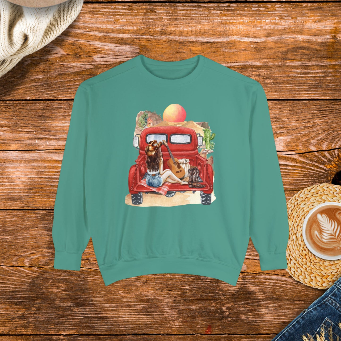 Desert Sunset Truck Girl Sweatshirt, watercolor design, country girl, old school country.