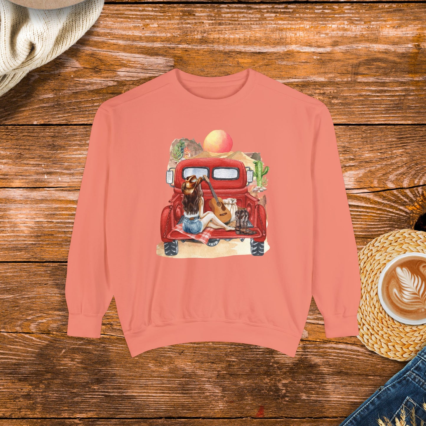 Desert Sunset Truck Girl Sweatshirt, watercolor design, country girl, old school country.