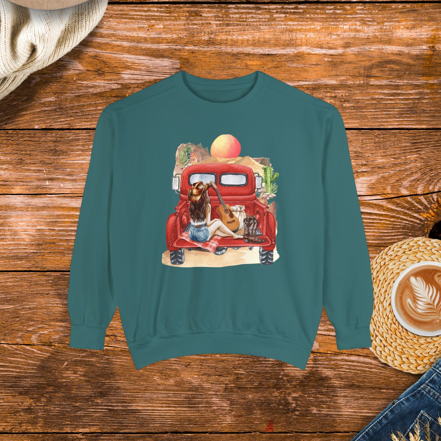 Desert Sunset Truck Girl Sweatshirt, watercolor design, country girl, old school country.