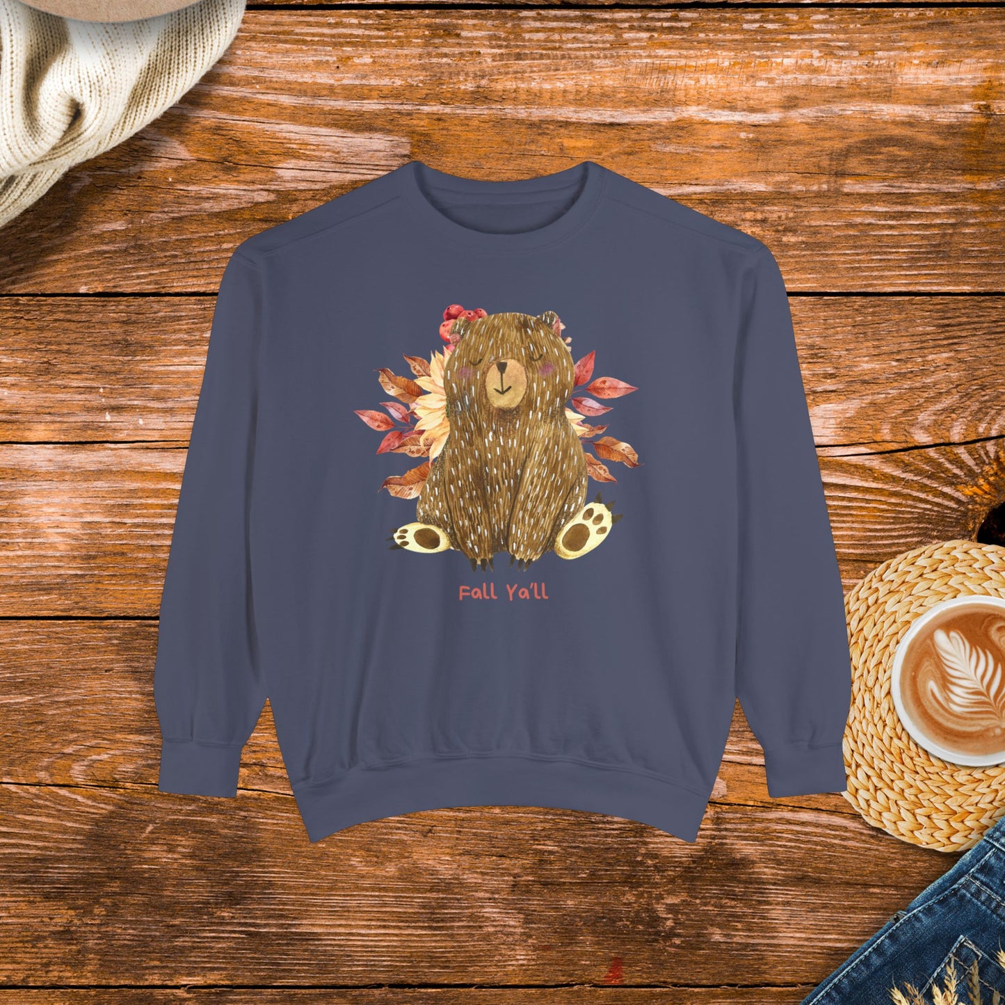 Cozy vibes with this cute bear and fall ya'll, Unisex Garment-Dyed Sweatshirt