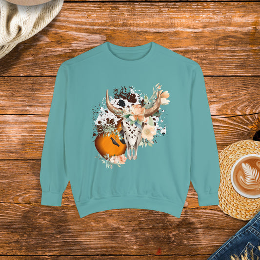 Western Style Sweatshirt with Flowers, Guitar, and Cow Skull Design