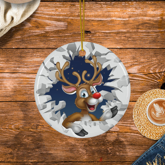 Cute Cartoon Reindeer Breaking Through Ice Ceramic Ornament, Ceramic Ornaments, 2-Side Print, (1pc, 3pcs, 5pcs, 10pcs)