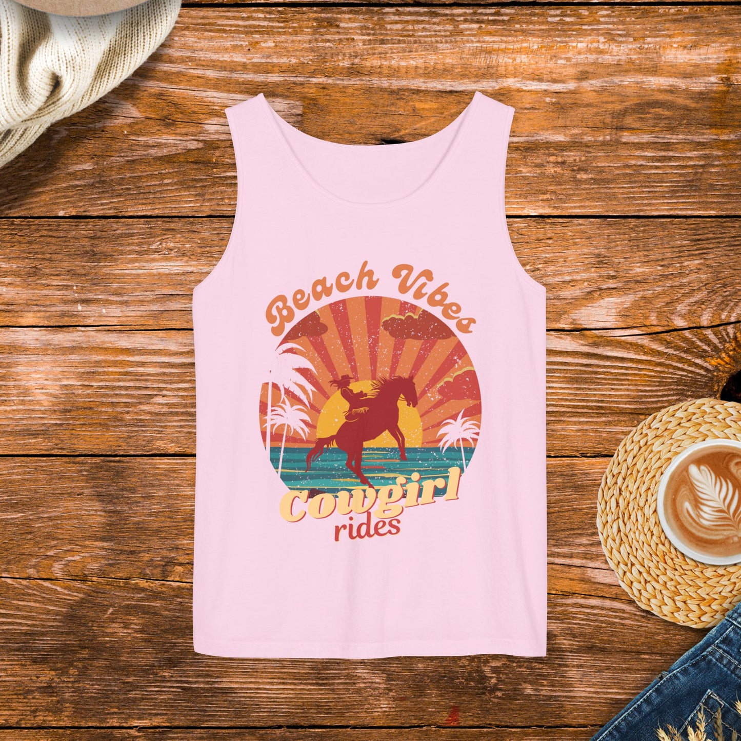 Sunset Beach Design Tank Top, Vintage style design, retro sunset, Beach Vibes and Cowgirl Rides.