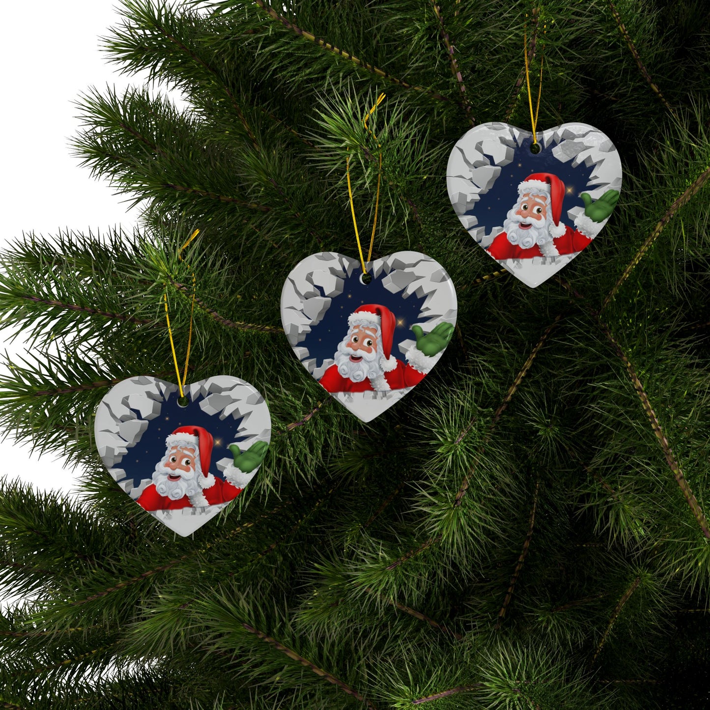 Cute Cartoon Santa Breaking Through Ice Ceramic Ornament, Ceramic Ornaments, 2-Side Print, (1pc, 3pcs, 5pcs, 10pcs)