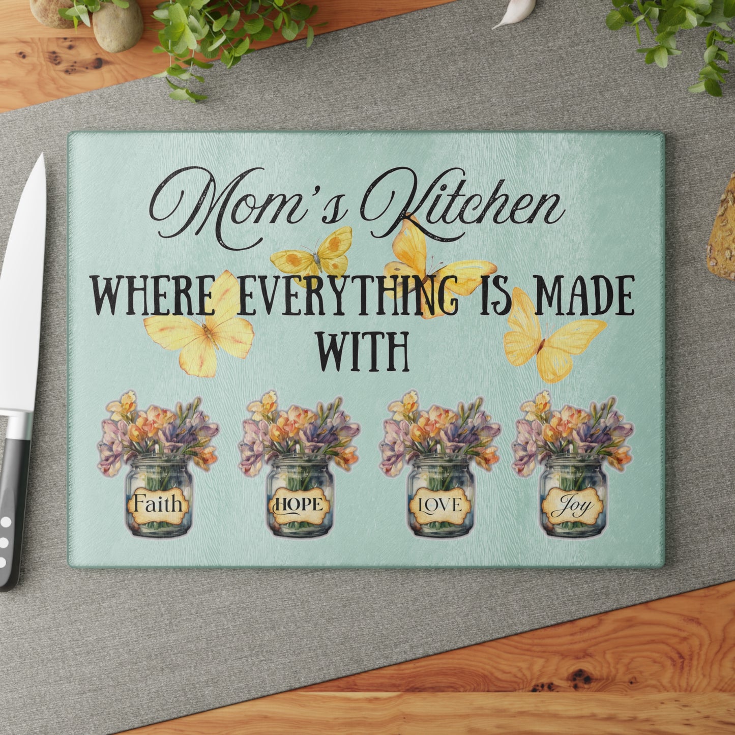 Mom’s Kitchen – Made with Faith, Hope, Love & Joy | 8x11 Glass Cutting Board with Flowers & Butterflies | Mother’s Day Gift