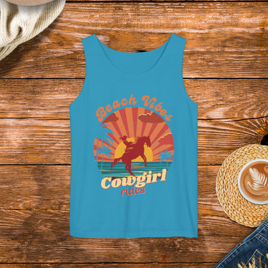 Sunset Beach Design Tank Top, Vintage style design, retro sunset, Beach Vibes and Cowgirl Rides.