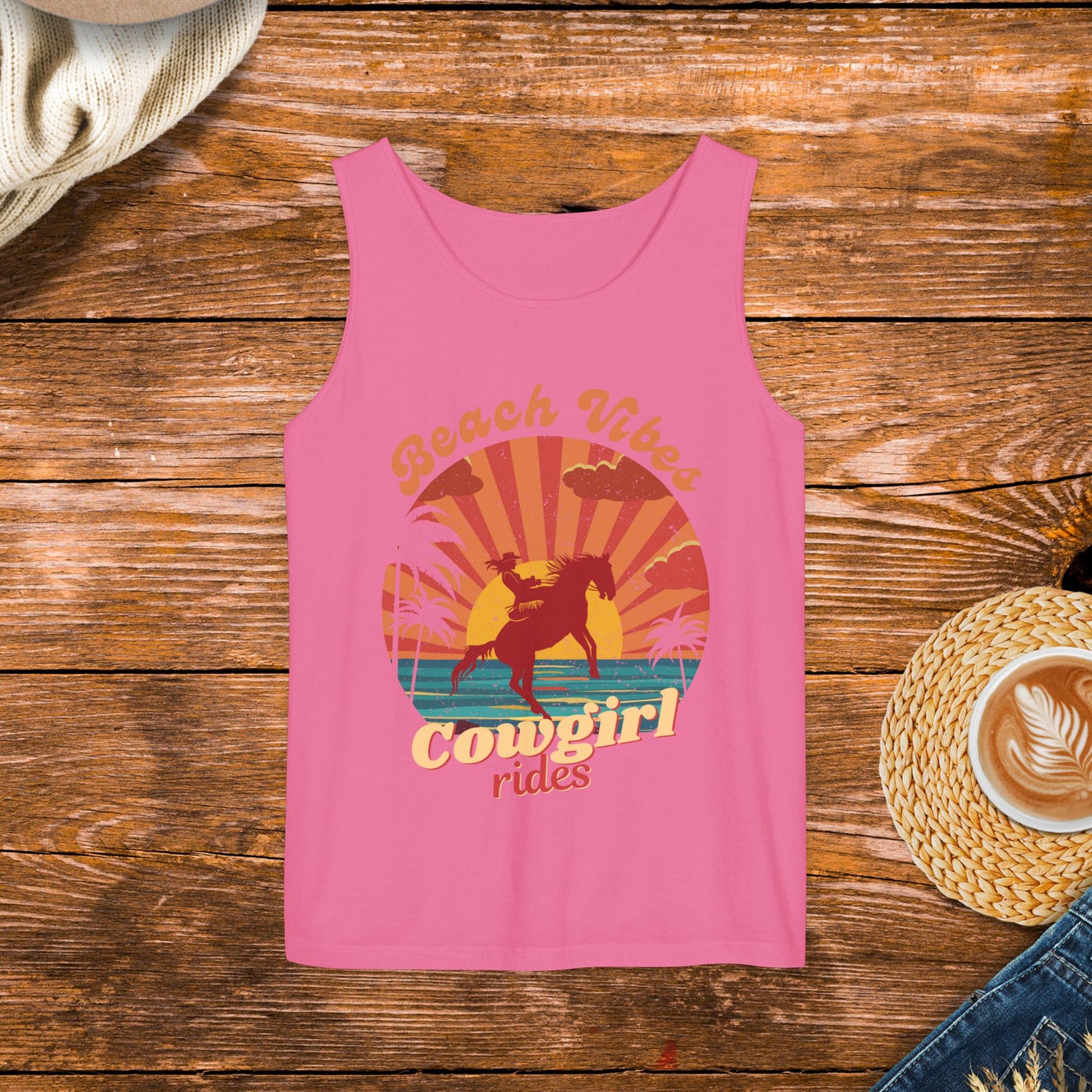 Sunset Beach Design Tank Top, Vintage style design, retro sunset, Beach Vibes and Cowgirl Rides.