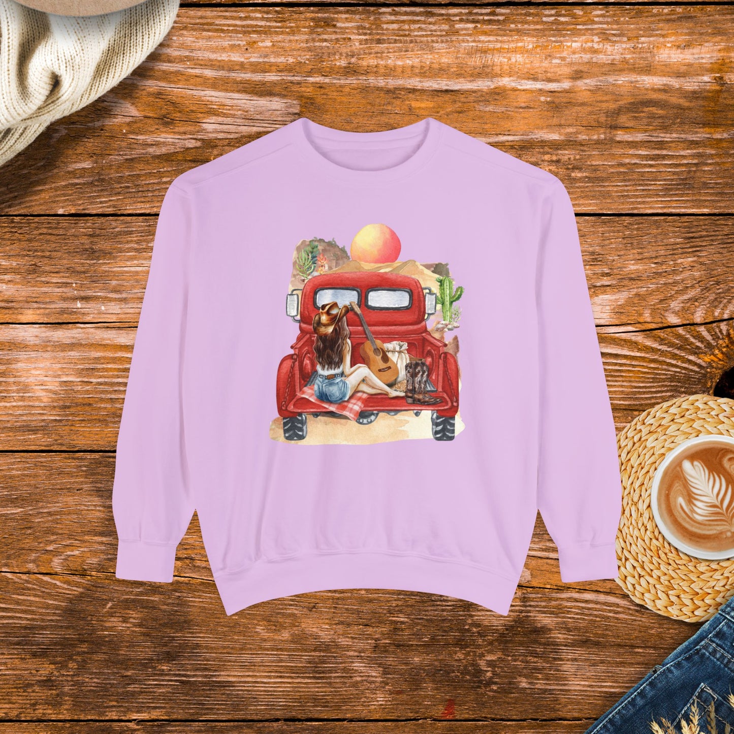 Desert Sunset Truck Girl Sweatshirt, watercolor design, country girl, old school country.