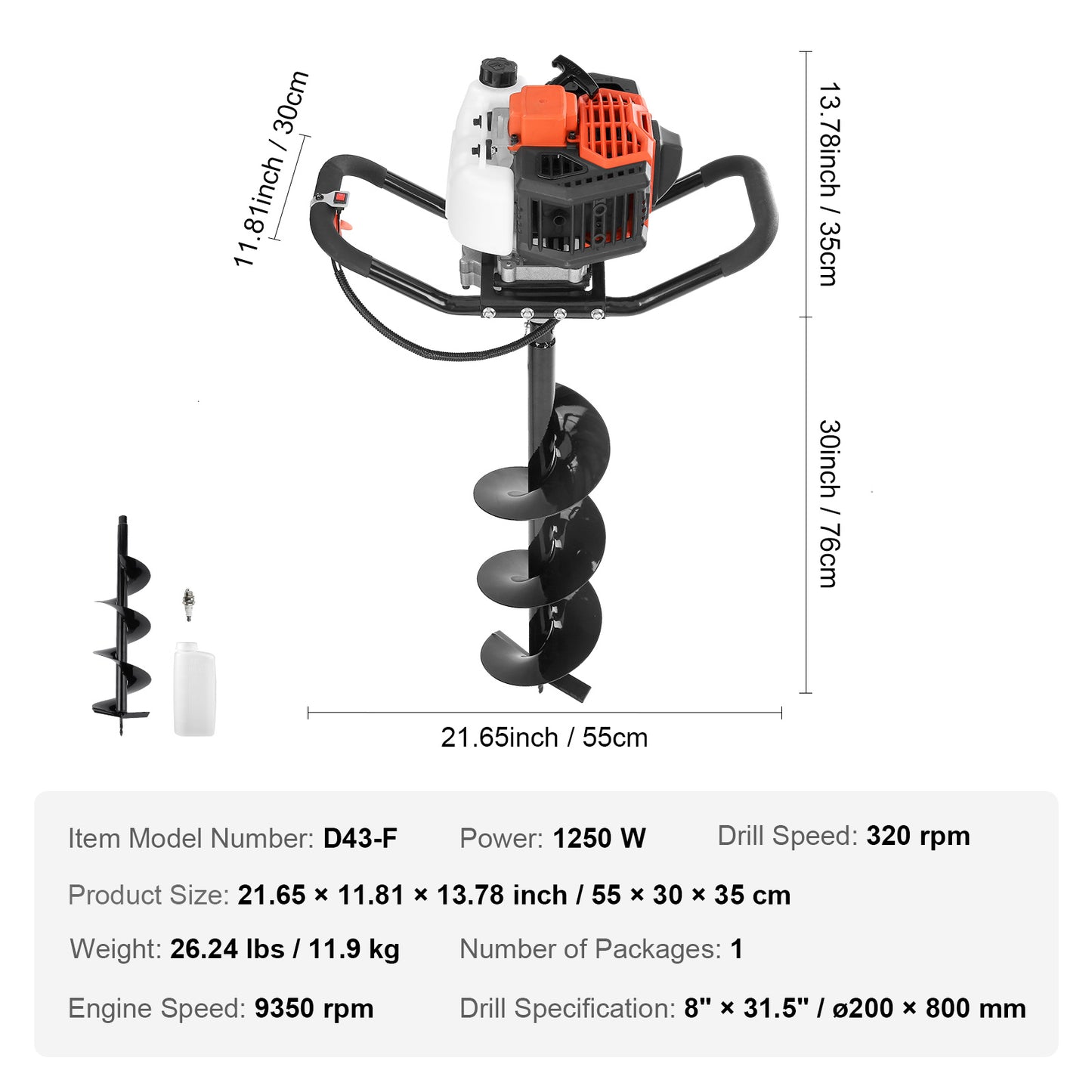 VEVOR Post Hole Digger, 43cc 1250W Auger Post Hole Digger, Gas Powered Earth Digger With  Earth Auger Drill Bit, 30 Inch Long Alloy Steel Auger, For Farmland, Garden And Plant, EPA Certification